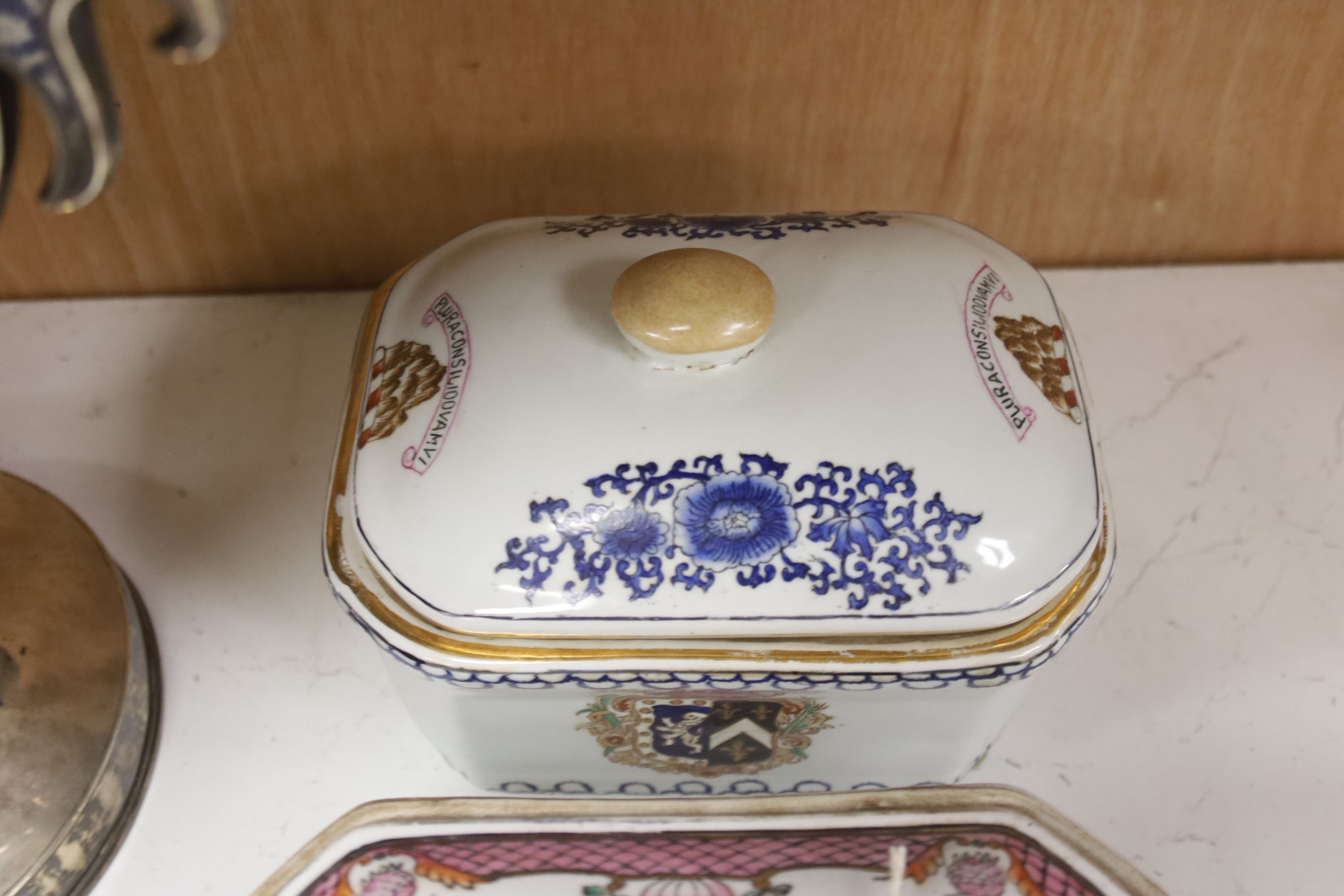 A large blue ground two-handled pedestal vase with metal mounts and sundry ceramics